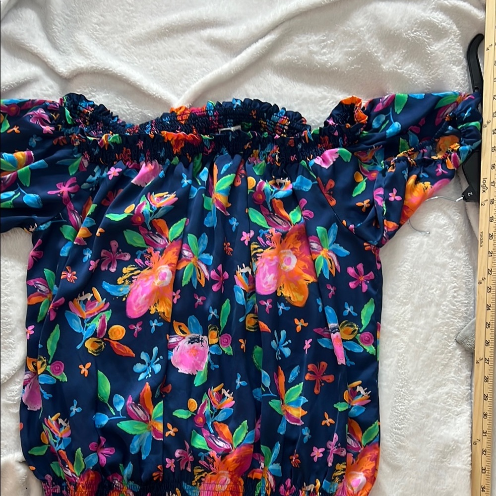 Skies Are Blue Navy Multicolor Floral Off-Shoulder Blouse